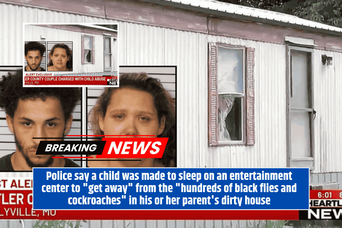 Police say a child was made to sleep on an entertainment center to "get away" from the "hundreds of black flies and cockroaches" in his or her parent's dirty house