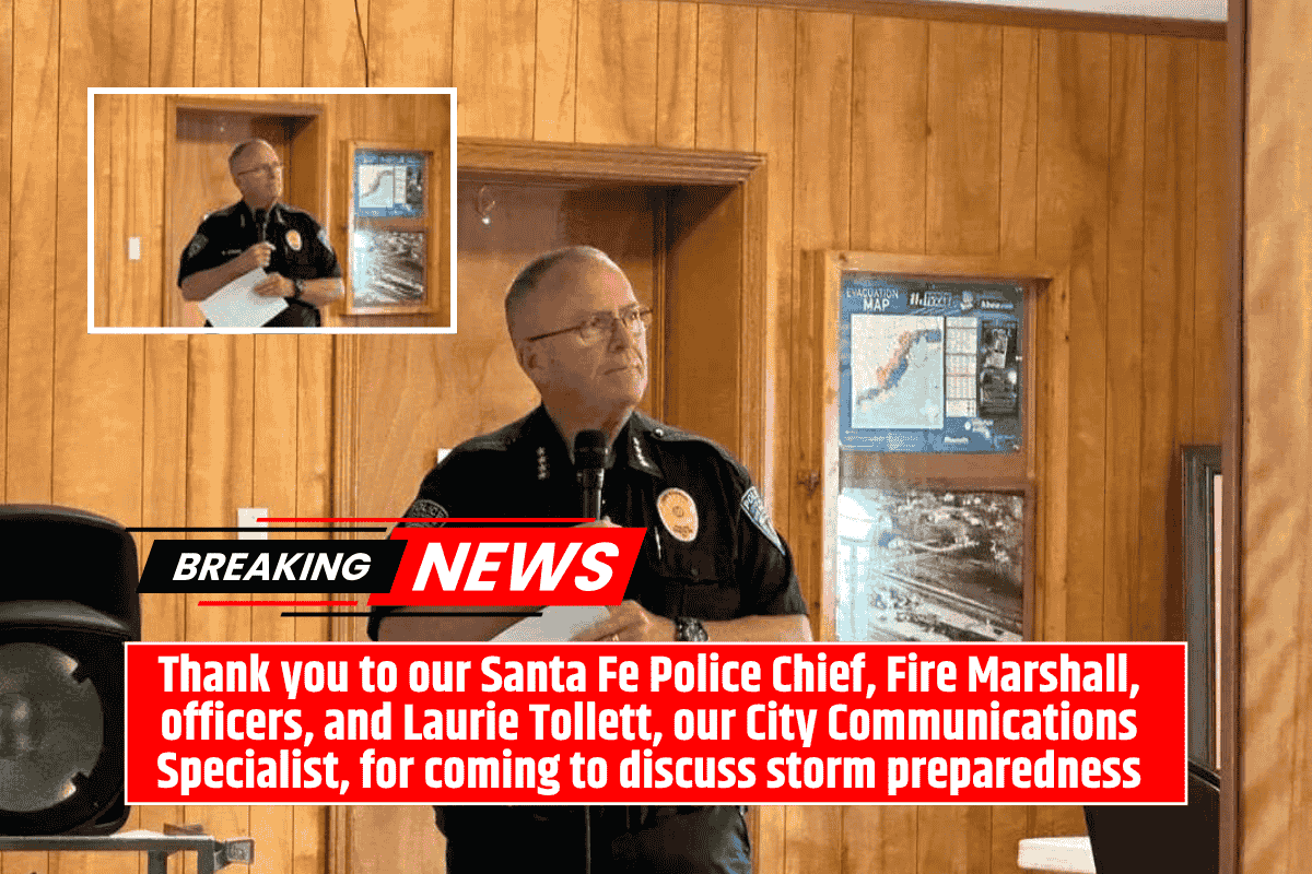 Thank you to our Santa Fe Police Chief, Fire Marshall, officers, and Laurie Tollett, our City Communications Specialist, for coming to discuss storm preparedness