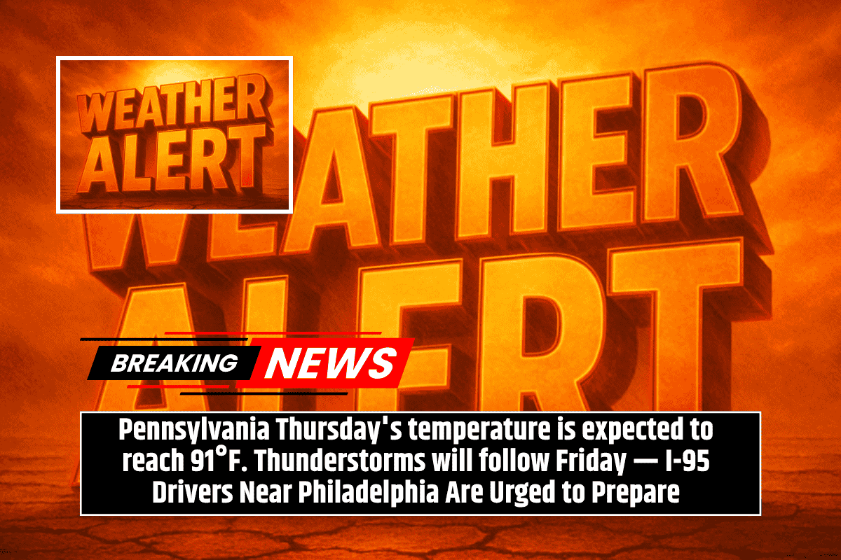 Pennsylvania Thursday's temperature is expected to reach 91°F. Thunderstorms will follow Friday — I-95 Drivers Near Philadelphia Are Urged to Prepare
