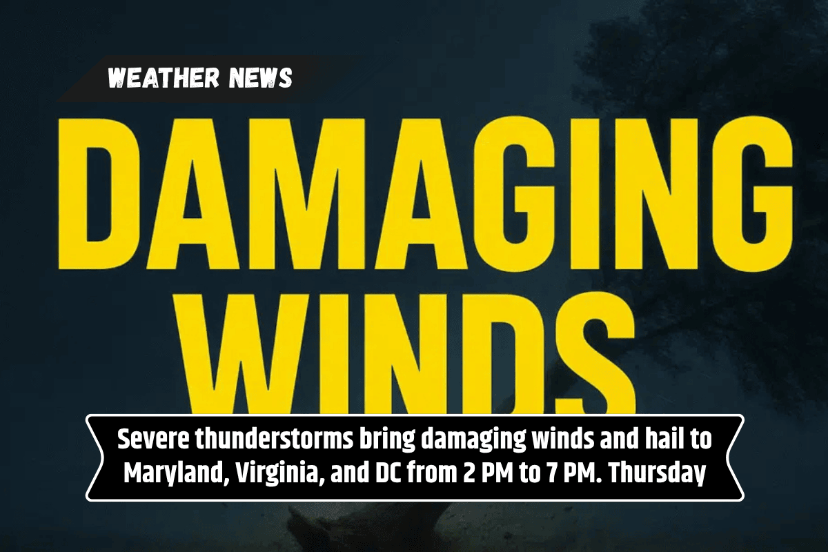 Severe thunderstorms bring damaging winds and hail to Maryland, Virginia, and DC from 2 PM to 7 PM. Thursday