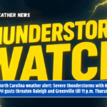 North Carolina weather alert: Severe thunderstorms with 65 MPH gusts threaten Raleigh and Greenville till 11 p.m. Thursday