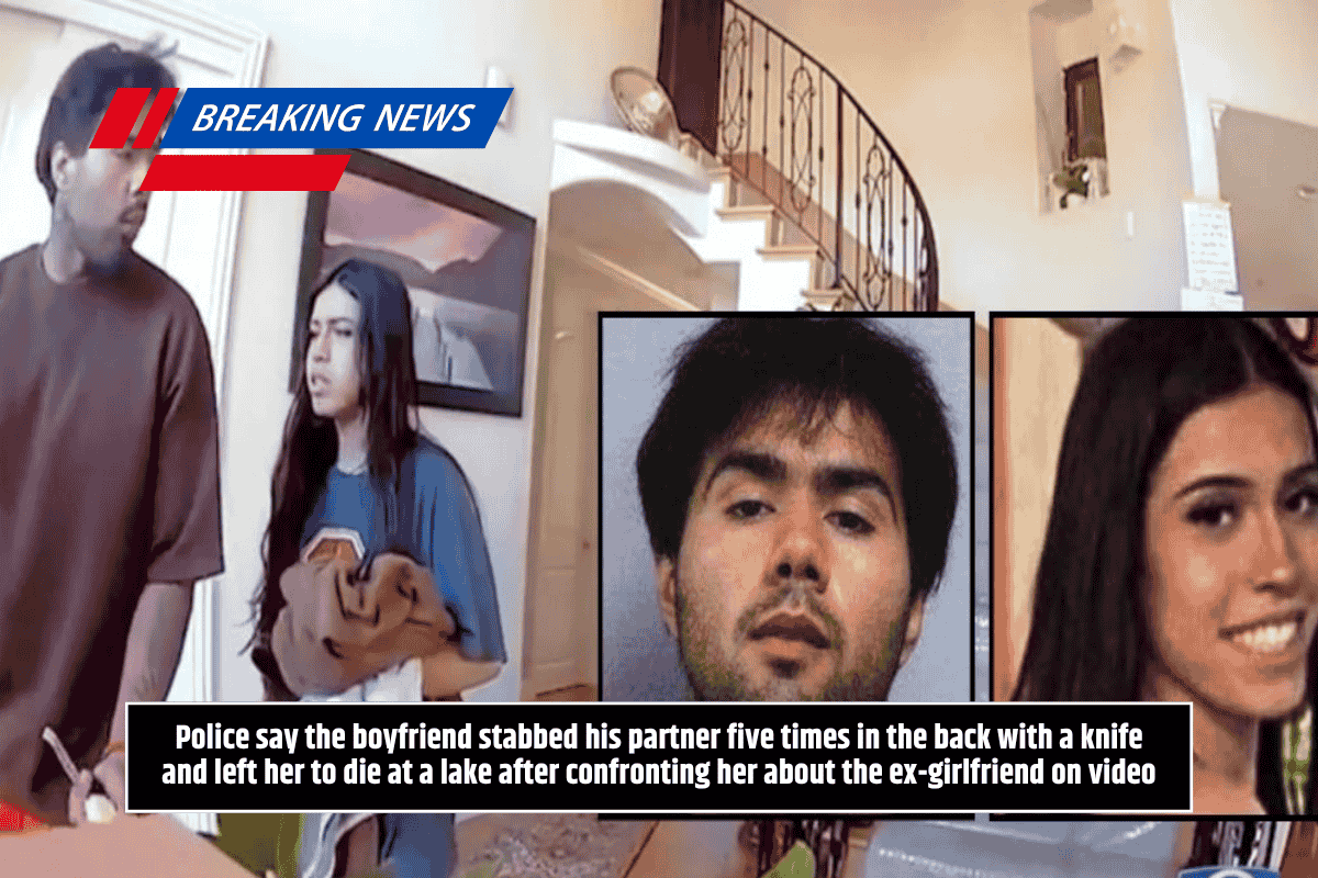 Police say the boyfriend stabbed his partner five times in the back with a knife and left her to die at a lake after confronting her about the ex-girlfriend on video