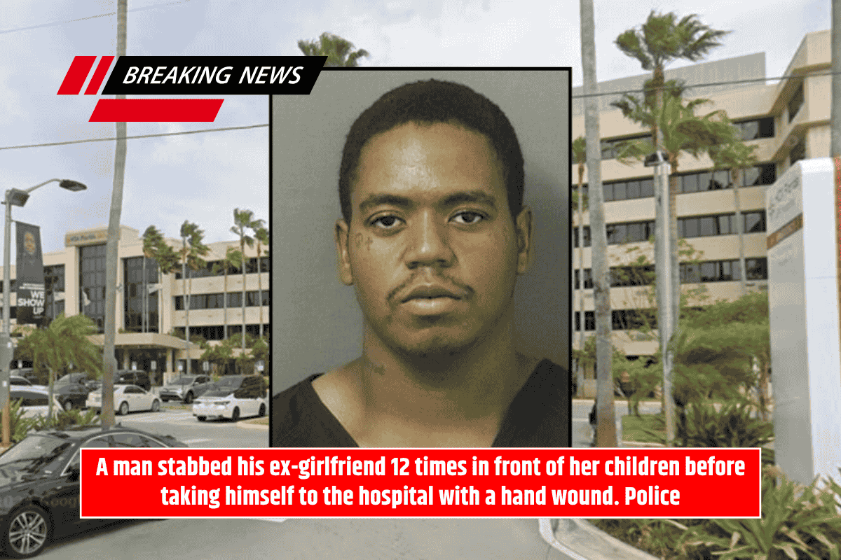 A man stabbed his ex-girlfriend 12 times in front of her children before taking himself to the hospital with a hand wound. Police