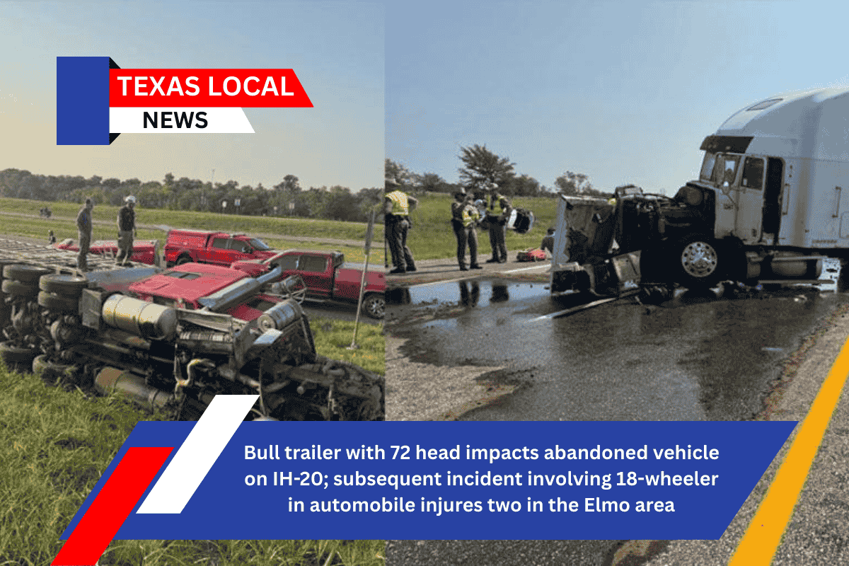 Bull trailer with 72 head impacts abandoned vehicle on IH-20; subsequent incident involving 18-wheeler in automobile injures two in the Elmo area