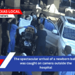 The spectacular arrival of a newborn baby was caught on camera outside the hospital